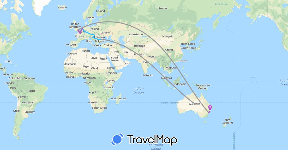 TravelMap itinerary: driving, plane, train, boat in Austria, Australia, Bulgaria, Germany, France, United Kingdom, Croatia, Hungary, Netherlands, Romania, Serbia, Singapore (Asia, Europe, Oceania)