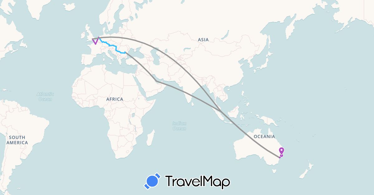 TravelMap itinerary: driving, plane, train, boat in Austria, Australia, Bulgaria, Germany, France, United Kingdom, Croatia, Hungary, Netherlands, Qatar, Romania, Serbia, Singapore (Asia, Europe, Oceania)